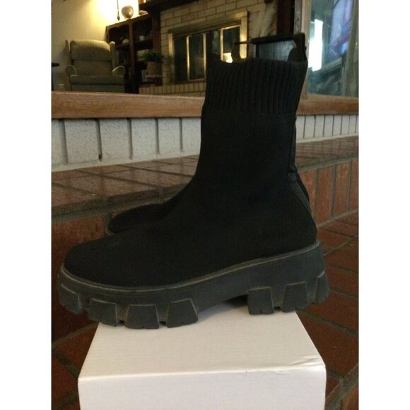 Womens Sock Boots Ladies Chunky Sole Chelsea Black Ankle Booties Size 6 - Picture 2 of 6